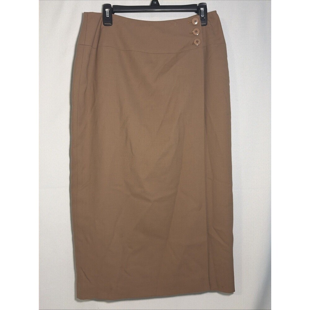 Vintage Rena Rowen Women’s 12 Camel 100% Wool Wrap Button Skirt Midi